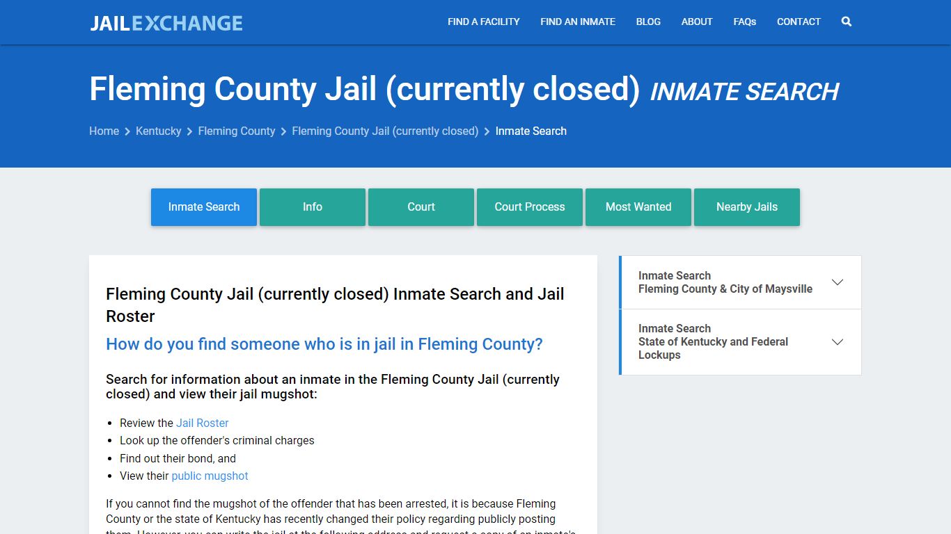 Fleming County Jail (currently closed) Inmate Search